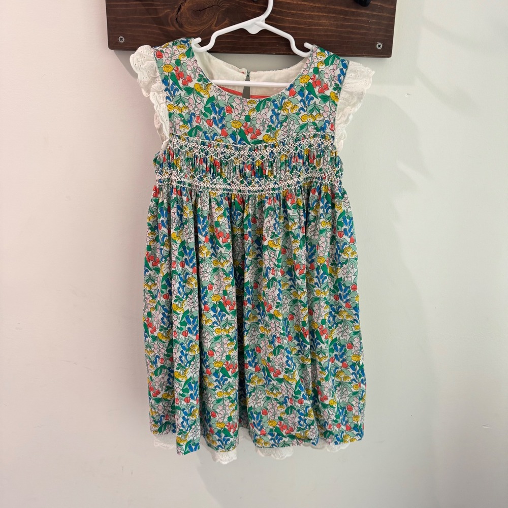 Mini Boden Girls Floral Smocked Dress Eyelet Lace Trim Multi Color Size 5-6Y